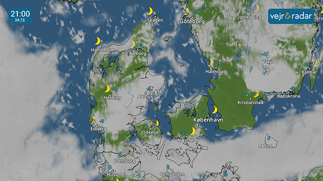 VejrRadar over Danmark 24. december kl. 21:00 med klart vejr og lave temperaturer samt let skydække i dele af landet.