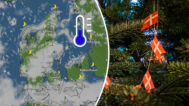 VejrRadar over Danmark med frost og lave temperaturer kombineret med julemotiv med dannebrogsflag.