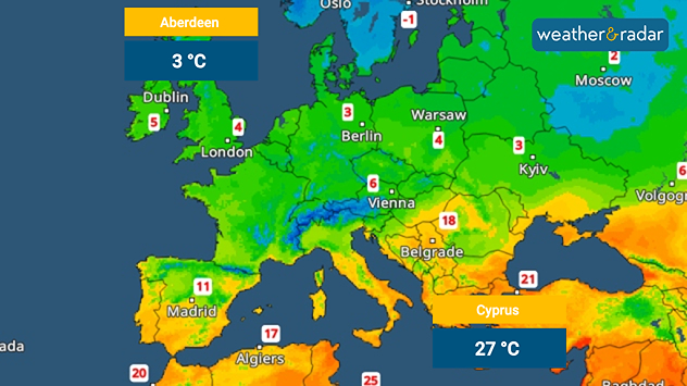 Map of Europe showing frost in Munich and 28 °C in Cyprus.