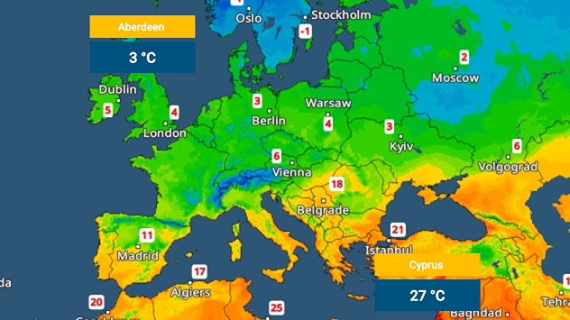 Temperature map of Europe showing wintry conditions in the north-east, and summer warmth in the south-east.