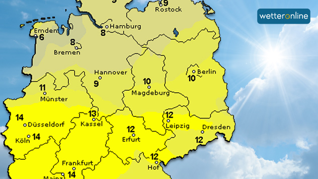 Die Karte zeigt die Anzahl der Sonnenstunden am Samstag: 10 Stunden in Berlin, 14 Stunden in Köln und 8 Stunden in Hamburg.