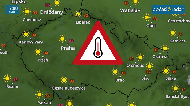 Meteoradar, screenshot, 15. srpna 17:00: Sobota do Česka přinese slunečné počasí s maximálními teplotami až kolem 35 °C.