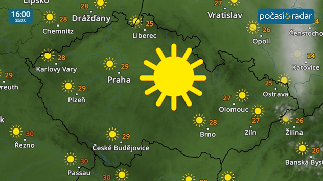 Meteoradar, screenshot, 25. 7. 16:00: Sobota do Česka přinese slunečné a velmi teplé počasí.