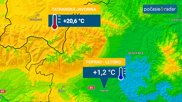 Teplotný radar zobrazujúce veľký teplotný rozdiel medzi Tatranskou Javorinou (20,6 °C) a Popradom (1,2°C)