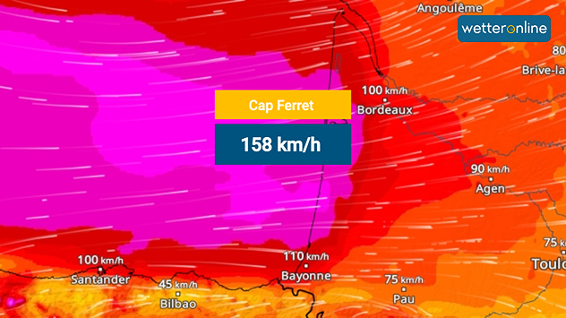 El mapa meteorológico muestra ráfagas de viento de hasta 158 km/h en Cap Ferret, en la costa atlántica. El campo de vientos fuertes se extiende hasta la zona de Burdeos.