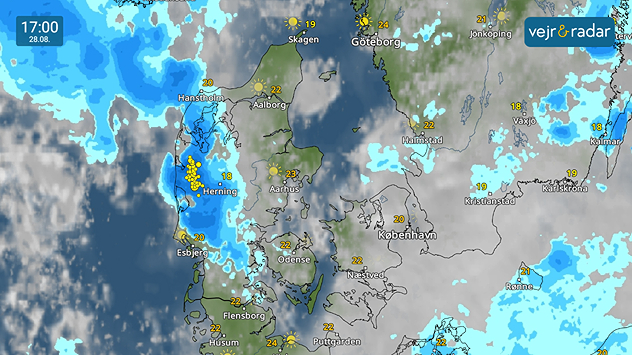 VejrRadarkort viser regn og torden over Vestjylland, mens resten af Danmark har tørvejr og temperaturer omkring 18-24 grader.