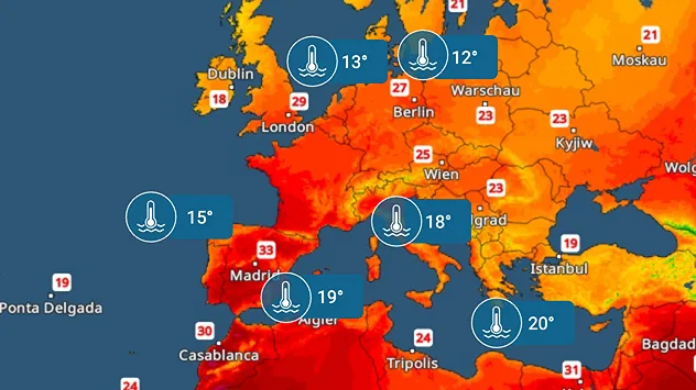 Karte zeigt aktuelle Wassertemperaturen in Europa und dem Mittelmeer. Besonders warmes Wasser vor Spanien und Nordafrika, kühler in Nord- und Ostsee.
