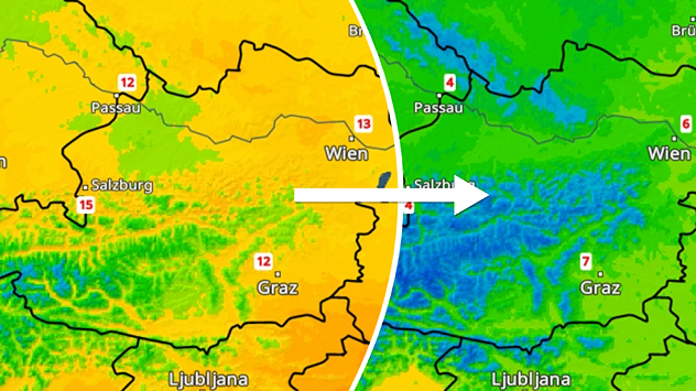 Vergleich zweier Temperaturkarten mit markantem Temperatursturz in Österreich.