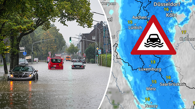Überflutete Straße mit Autos im Wasser. Daneben Wetterkarte mit Warnsymbol. Starkregen verursacht regionale Überschwemmungen.