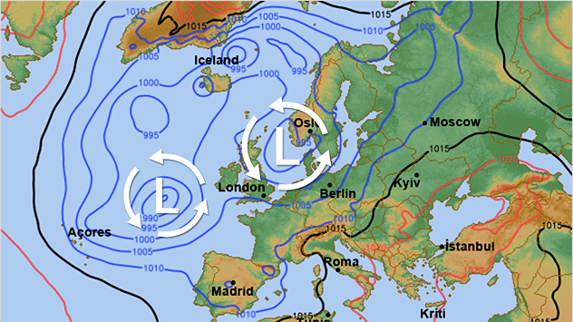 Een weerkaart van de luchtdruk met lagedrukgebieden ten noorden en westen van de Benelux.
