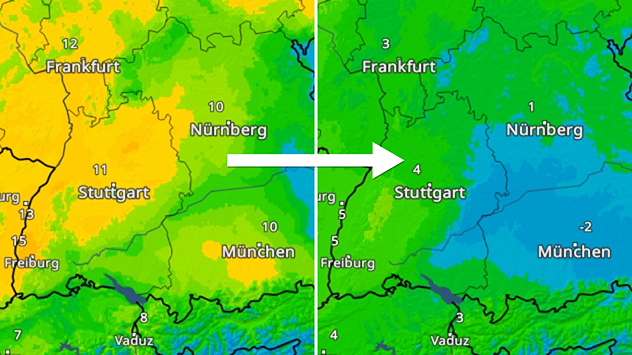 Temperaturkarten für Süddeutschland im Vergleich. Freitag mit teils zweistelligen Höchstwerten. Samstag deutlich kälter mit nur wenigen Grad.