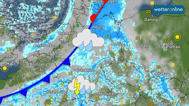 Wetterkarte von Deutschland mit Kaltfront, Regengebiet und Gewittersymbolen zwischen Hamburg und München.