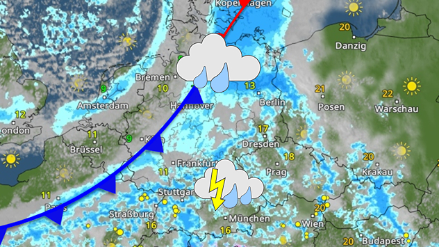 Wetterkarte von Deutschland mit Kaltfront, Regengebiet und Gewittersymbolen zwischen Hamburg und München.