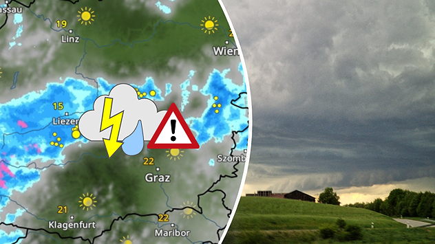 Links das WetterRadar für Österreich, rechts das Bild eines Gewitters.