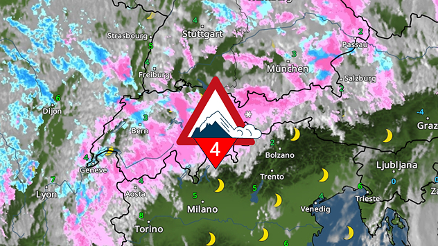 Vejrradar over Alperne med snevarsel og kraftigt snefald i Schweiz, Sydtyskland og Norditalien.