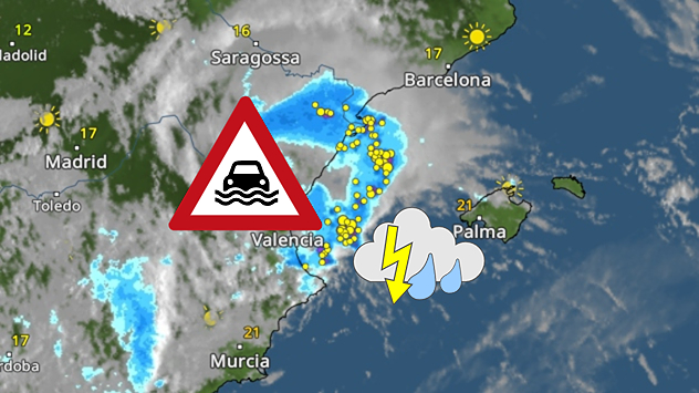 Wetterkarte zeigt Starkregen- und Gewittergefahr bei Valencia mit Hochwasserwarnung.