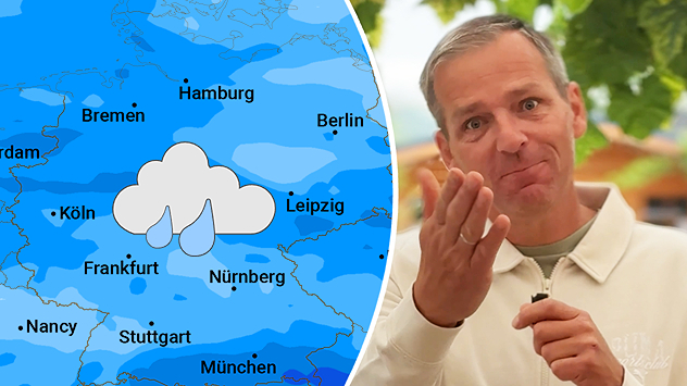 Wetterkarte von Deutschland mit großem Regenwolken-Symbol über der Mitte des Landes. Rechts daneben gestikuliert ein Mann in die Kamera.