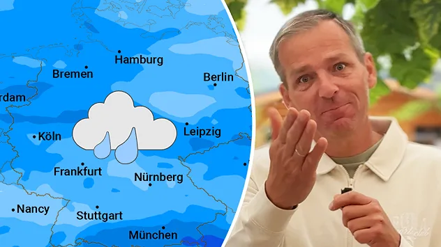 Wetterkarte von Deutschland mit großem Regenwolken-Symbol über der Mitte des Landes. Rechts daneben gestikuliert ein Mann in die Kamera.