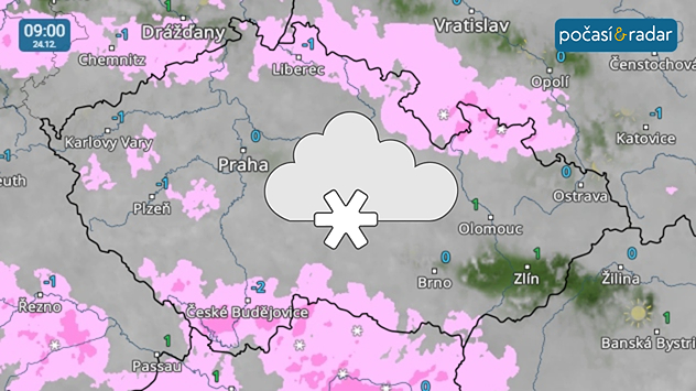 Meteoradar, screenshot, 24. 12. 9:00: Na Štědrý den ráno se budou teploty v Česku pohybovat kolem nuly, místy se vyskytne slabé sněžení.