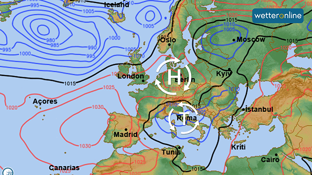 Eine Wetterkarte für Mitte der Woche mit einem Hochdruckgebiet über Mitteleuropa