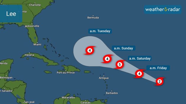 Hurricane Lee's track issued by the National Hurricane Center on Thursday morning. 