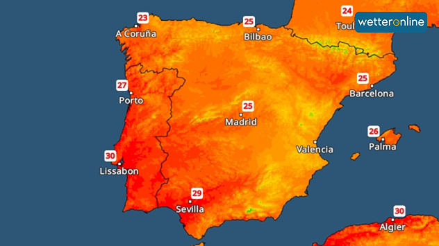 Karte mit Temperaturen über 25 Grad in Spanien und Portugal, Spitzenwert 30 Grad in Lissabon.