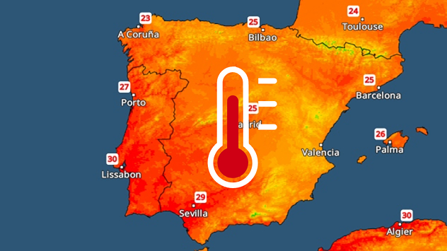 Temperaturen auf der Iberischen Halbinsel Karte mit Temperaturen über 25 Grad in Spanien und Portugal, Spitzenwert 30 Grad in Lissabon.
