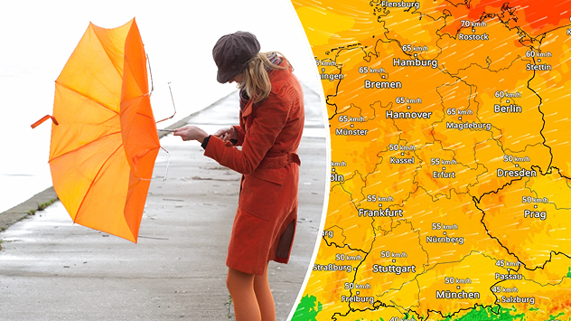 Links kämpft eine Frau im Mantel mit einem umgestülpten Regenschirm bei starkem Wind. Rechts zeigt das WindRadar Windgeschwindigkeiten über Deutschland mit bis zu 70  km/h.