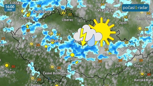 Meteoradar, screenshot, 14. 7. 16:00: V úterý po delší době čekáme četnější výskyt přeháněk a bouřek.