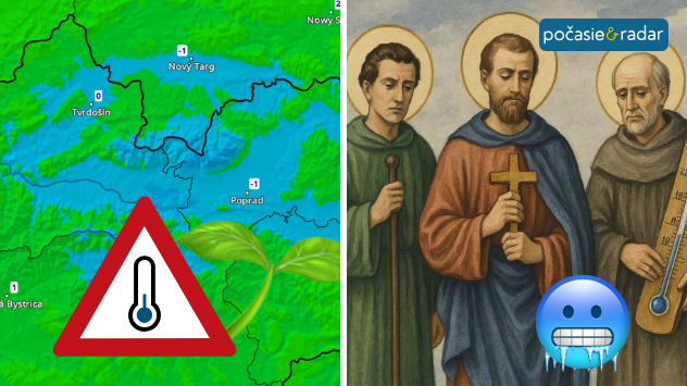 Mapa Slovenska s upozornením na chlad a prízemný mráz, doplnená ilustráciou ľadových mužov