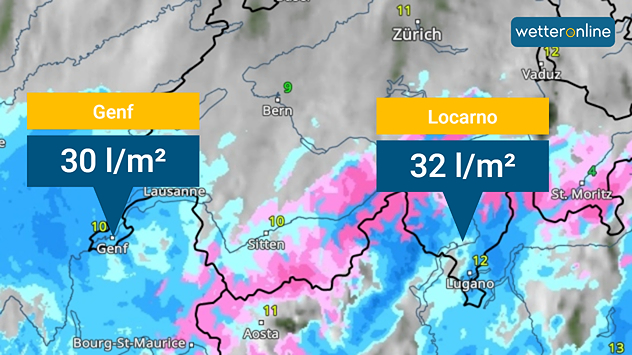 WetterRadar für die Schweiz. Eingezeichnet sind die Regensummen für Genf und Locarno.