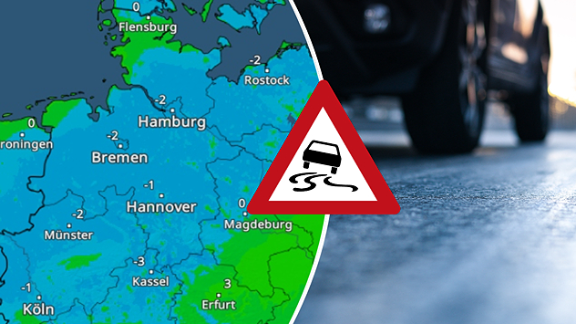 WetterRadar zeigt am Donnerstagmorgen Frost - Glatteis auf einer Straße