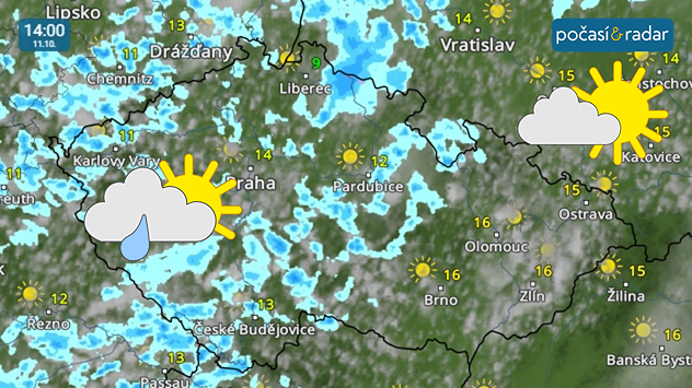 Meteoradar, screenshot, 11. října 14:00: Neděle do Česka přinese proměnlivou oblačnost, hlavně v Čechách se místy přidají i přeháňky.