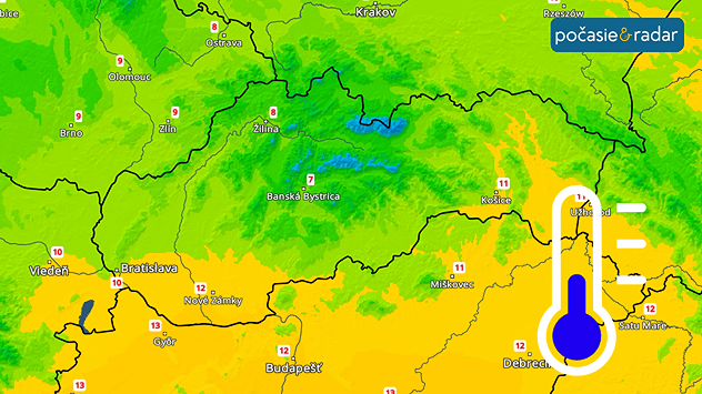 Snímka teplotného radaru s teplotami od 0 do 12 °C a symbol teplomera s nízkou teplotou.