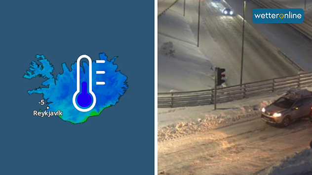 Links zeigt eine Karte Islands mit -5 °C in Reykjavík, rechts eine verschneite Straße mit Autos bei winterlichen Bedingungen.