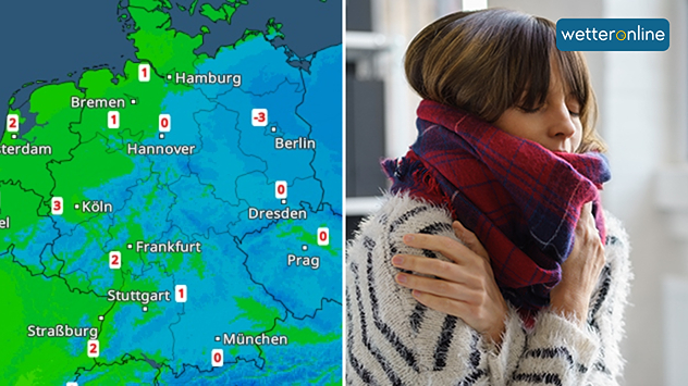 Wetterkarte zeigt Kälte über Deutschland neben frierender Person mit Schal.