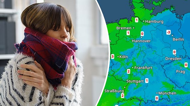 Wetterkarte zeigt Kälte über Deutschland neben frierender Person mit Schal. (c) stockfour/Shutterstock.com