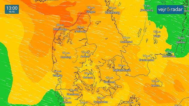Vejrkort over Danmark med kraftig vind på 14-20 m/s den 10. oktober kl. 13.