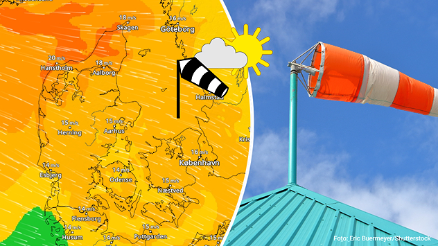 Vindkort over Danmark fra Vejr & Radar, der viser vindhastigheder op til 20 meter i sekundet, særligt ved Hanstholm og Skagen. Til højre ses et billede af kraftig blæst.