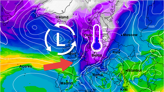 Komend weekend wordt het even winters, maar een lagedrukgebied op de oceaan brengt vanaf begin volgende week alweer een heel stuk zachtere lucht.