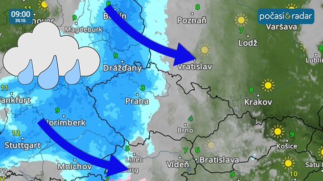 Meteoradar, screenshot, 25. října 9:00: V neděli do Česka od západu dorazí srážky.