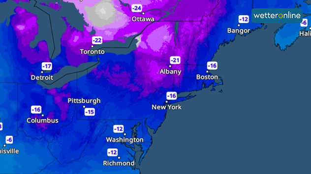 Wetterkarte mit sehr niedrigen Temperaturen im Nordosten der USA und Kanada.