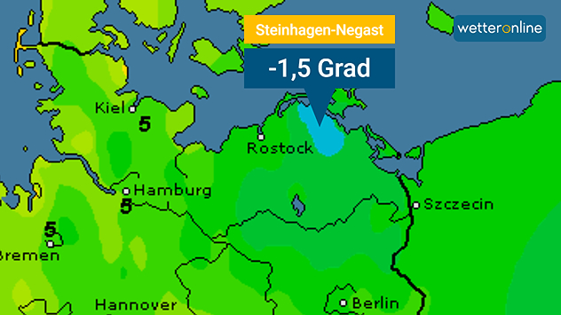 Die Karte zeigt tiefe Temperaturen an der Ostsee mit einem Tiefstwert von -1,5 Grad in Steinhagen-Negast.