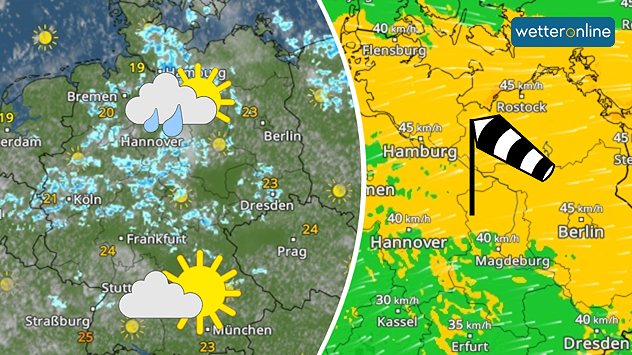 Wetterkarte zeigt im Norden Schauer und Wind und im Süden Sonne. 