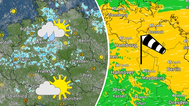 Wetterkarte zeigt Schauer im Norden und freundlicheres Wetter im Süden.