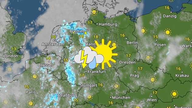 Wetterkarte Deutschlands mit Regen im Westen und Sonne im Osten. Temperaturen zwischen etwa 15 und 18 Grad.