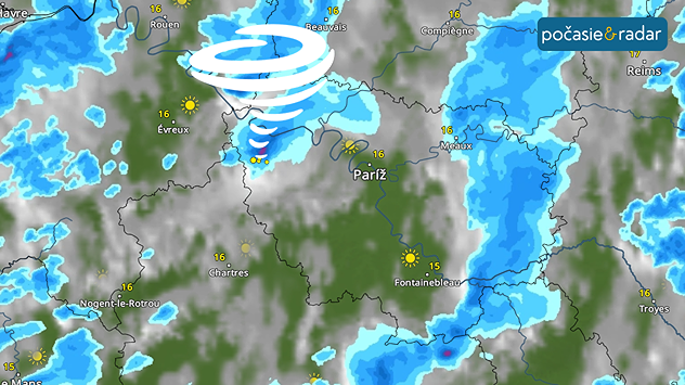 Mapa počasia so symbolom tornáda severne od Paríža a premenlivým počasím v regióne.