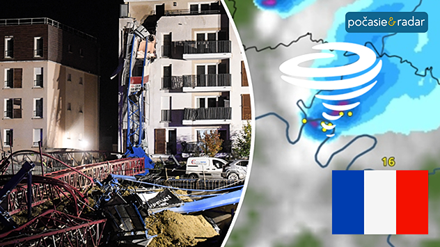 Prevrátený stavebný žeriav pred obytným domom a meteorologická mapa so symbolom tornáda pri Paríži.