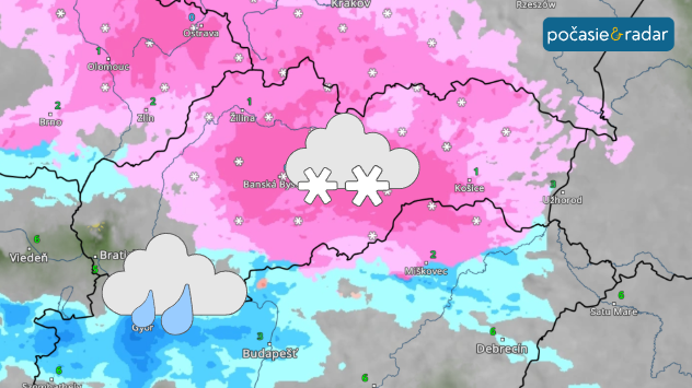 Mapa Slovenska s výrazným snežením v strednej a severnej časti krajiny. Južné pohraničie je zobrazené ako oblasť dažďa alebo zmiešaných zrážok.