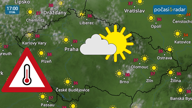 Meteoradar, screenshot, 27. 6. 17:00: O víkendu bude v Česku panovat slunečné a extrémně horké počasí.